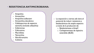 • RESISTENCIA ANTIMICROBIANA:
- Ampicilina
- Amoxicilina
- Ampicilina-sulbactam
- Amoxicilina-clavulánico
- Cefalosporinas de espectro
estrecho (incluida cefazolina)
- Cefamicinas
- Cefuroxima
- Macrólidos
- Tetraciclina
- Nitrofurantoína
- Colistina
- La exposición a ciertos atb tiene el
potencial de inducir resistencia a
betalactámicos de amplio espectro
a través de la producción de:
o Betalactamasas o AmpC
o Carbapenemasas de espectro
extendido (BLEE)
 