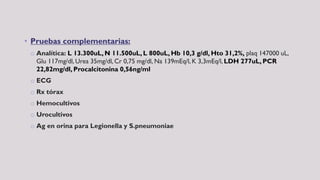 • Pruebas complementarias:
o Analítica: L 13.300uL, N 11.500uL, L 800uL, Hb 10,3 g/dl, Hto 31,2%, plaq 147000 uL,
Glu 117mg/dl, Urea 35mg/dl, Cr 0,75 mg/dl, Na 139mEq/l, K 3,3mEq/l, LDH 277uL, PCR
22,82mg/dl, Procalcitonina 0,56ng/ml
o ECG
o Rx tórax
o Hemocultivos
o Urocultivos
o Ag en orina para Legionella y S.pneumoniae
 