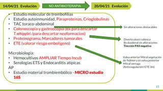11
• Estudio molecular de trombofilias
• Estudio autoinmunidad, Paraproteinas, Crioglobulinas
• TAC toraco-abdominal
• Colonoscopia y gastroscopia (Bx para descartar
T.whipplei /para descartar neoformacion)
• Proteinograma, Marcadores tumorales
• ETE (valorar riesgo embolígeno)
Microbiología:
• Hemocultivos AMPLIAR Tiempo Incub
• Serologías ETS y Endocarditis atípicas
AP
• Estudio material trombiembólico - MICRO estudio
16S
14/04/21 Evolución 20/04/21 Evolución
Valva anterior Mitral vegetación
de 9x8mm y en valva posterior
Mitral verruga
(Anticoagulación+ETE 3m)
Sin alteraciones destacables
NO ANTIBIOTERAPIA
Diverticulosis colónica
Bx duodenal sin alteraciones
Tincción PAS negativa
 