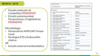 12
• Estudio molecular de
trombofilias PENDIENTE
• Estudio autoinmunidad,
Paraproteinas, Crioglobulinas
PENDIENTE
Microbiología:
• Hemocultivos AMPLIAR Tiempo
Incub
• Serologías ETS y Endocarditis
atípicas
AP
• Estudio material trombiembólico
28/04/21 ALTA
 