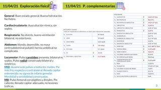 3
11/04/21 Exploración física
General: Buen estado general. Buena hidratación.
No fiebre.
Cardiocirculatorio: Auscultación rítmica, sin
soplos.
Respiratorio: No distrés, buena ventilación
bilateral, no estertores.
Abdomen: blando, depresible, no masa
centroabdominal pulsátil, hernia umbilical no
complicada.
Locomotor: Pulso carotídeo presente, bilateral no
soplos. Pulso radial conservado bilateral y
simétrico.
MID: Ausencia de pulsos a todos los niveles. Pie
más frio respecto a contralateral, llenado capilar
enlentecido, no signos de infarto gemelar.
Movilidad y sensibilidad conservadas.
MII: Pulso femoral con poplíteo y distales. Pie
caliente, llenado capilar adecuado, no lesiones
tróficas.
11/04/21 P. complementarias
 