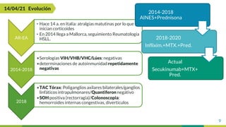 9
14/04/21 Evolución
AR-EA
• Hace 14 a. en Italia: atralgias matutinas por lo que
inician corticoides
• En 2014 llega a Mallorca, seguimiento Reumatología
HSLL.
2014-2018
•Serologías VIH/VHB/VHC/Lúes: negativas
•determinaciones de autoinmunidad repetidamente
negativas
2018
•TAC Tórax: Poliganglios axilares bilaterales/ganglios
linfáticos intrapulmonares/Quantiferon negativo
•SOH positiva (rectorragia)/Colonoscopia:
hemorroides internas congestivas, diverticulos
2014-2018
AINES+Prednisona
2018-2020
Inflixim.+MTX.+Pred.
Actual
Secukinumab+MTX+
Pred.
 