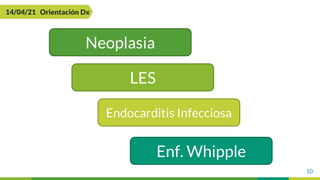 10
14/04/21 Orientación Dx
Neoplasia
LES
Endocarditis Infecciosa
Enf. Whipple
 