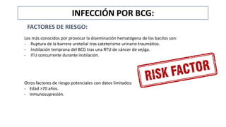 INFECCIÓN POR BCG:
FACTORES DE RIESGO:
Los más conocidos por provocar la diseminación hematógena de los bacilos son:
- Ruptura de la barrera urotelial tras cateterismo urinario traumático.
- Instilación temprana del BCG tras una RTU de cáncer de vejiga.
- ITU concurrente durante instilación.
Otros factores de riesgo potenciales con datos limitados:
- Edad >70 años.
- Inmunosupresión.
 
