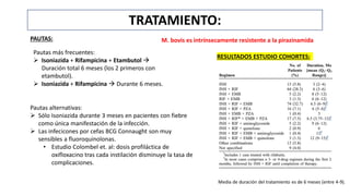 TRATAMIENTO:
PAUTAS: M. bovis es intrínsecamente resistente a la pirazinamida
Pautas más frecuentes:
 Isoniazida + Rifampicina + Etambutol 
Duración total 6 meses (los 2 primeros con
etambutol).
 Isoniazida + Rifampicina  Durante 6 meses.
RESULTADOS ESTUDIO COHORTES:
Pautas alternativas:
 Sólo Isoniazida durante 3 meses en pacientes con fiebre
como única manifestación de la infección.
 Las infecicones por cefas BCG Connaught son muy
sensibles a fluoroquinolonas.
• Estudio Colombel et. al: dosis profiláctica de
oxifloxacino tras cada instilación disminuye la tasa de
complicaciones.
Media de duración del tratamiento es de 6 meses (entre 4-9).
 