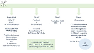 Dia 0: URG
HC y EF
PPCC
Dx: infarto esplénico
INGRESO EN MIR
PARA ESTUDIO
Analítica de ingreso
Hemocultivos
Estudio Holter
ETE
TC de cráneo
Estudio inmunológico
Dia +3
Pico febril
+
RESULTADOS
Inicio ATB
Ampicilina 2g/4h +
Ceftriaxona 2g/12h EV
POSIBLE ENDOCARDITIS
INFECCIOSA POR Enterococcus
faecalis (según criterios de Duke)
Dia +5
Traslado a HUSE
ETE + HC
Dia +6
HC negativos
ETE: válvula protésica
normofuncionante +
sospecha vegetación
sobre válvula aórtica
protésica + sospecha
absceso paravalvular
aórtico
MIF: UC + colonoscopia
UC
negativo
 