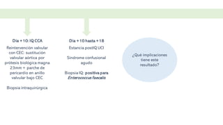 Dia +10 hasta +18
Estancia postIQ UCI
Síndrome confusional
agudo
Biopsia IQ: positiva para
Enterococcus faecalis
Dia +10: IQ CCA
Reintervención valvular
con CEC: sustitución
valvular aórtica por
prótesis biológica magna
23mm + parche de
pericardio en anillo
valvular bajo CEC
Biopsia intraquirúrgica
¿Qué implicaciones
tiene este
resultado?
 