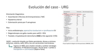 Evolución del caso - URG
Orientación Diagnóstica:
• Exacerbación infecciosa de bronquiectasias / NAC
• Hipoxemia arterial
• Colonización previa por P. aeruginosa
Plan:
• Inicio antibioterapia: piperacilina-tazobactam + ciprofloxacino EV
• Oxigenoterapia con gafas nasales para satO2 > 95%
• Traslado a hospitalización domiciliaria (HAD) al día siguiente 17/02.
24/02 – evolución tórpida con fiebre persistente, disnea a mínimos
esfuerzos, astenia, satO2 92% y tos con secreciones marronáceas.
ingreso en NML para ampliar estudio y cambiar estrategia
antibiótica à fibrobroncoscopia + Rx de tórax + cambio a
meropenem + cotrimoxazol (Septrin forte)
Tabla aislados
bronquiectasias
Grupo Español de Registro de Bronquiectasias (RIBRON), 2019
 