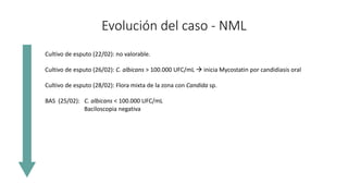 Evolución del caso - NML
Cultivo de esputo (22/02): no valorable.
Cultivo de esputo (26/02): C. albicans > 100.000 UFC/mL à inicia Mycostatin por candidiasis oral
Cultivo de esputo (28/02): Flora mixta de la zona con Candida sp.
BAS (25/02): C. albicans < 100.000 UFC/mL
Baciloscopia negativa
 