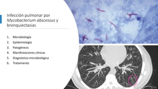 Infección pulmonar por
Mycobacterium abscessus y
bronquiectasias
1. Microbiología
2. Epidemiología
3. Patogénesis
4. Manifestaciones clínicas
5. Diagnóstico microbiológico
6. Tratamiento
 