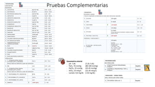 Pruebas Complementarias
Gasometría arterial
₋ pH: 7,46 (7,35-7,45)
₋ PaO2: 76 mmHg (80-100 mmHg)
₋ PaCO2: 33 mmHg (35-45 mmHg)
₋ HCO3: 23 mEq/L (22-26 mEq/L)
₋ Lactato: 0,6 mg/dL (<16 mg/dL)
 