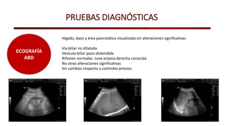 PRUEBAS DIAGNÓSTICAS
ECOGRAFÍA
ABD
Hígado, bazo y área pancreática visualizada sin alteraciones significativas
Vía biliar no dilatada
Vesícula biliar poco distendida
Riñones normales. Leve ectasia derecha conocida
No otras alteraciones significativas
Sin cambios respecto a controles previos.
 