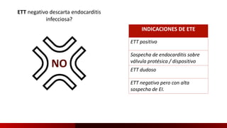 ETT negativo descarta endocarditis
infecciosa?
NO
INDICACIONES DE ETE
ETT positivo
Sospecha de endocarditis sobre
válvula protésica / dispositivo
ETT dudoso
ETT negativo pero con alta
sospecha de EI.
 
