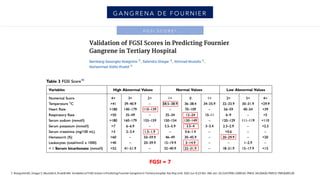 G A NG RE NA D E FOU RNI E R
F G S I S C O R E 6
FGSI = 7
7. NoegrohoBS, Siregar S, Mustafa A, Rivaldi MA. Validationof FGSI Scores inPredicting Fournier Gangrene in TertiaryHospital. Res Rep Urol. 2021 Jun 9;13:341-346. doi:10.2147/RRU.S309145. PMID:34136420;PMCID:PMC8200139.
 