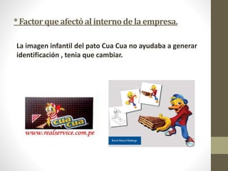 *Factorqueafectóalinternode laempresa.
La imagen infantil del pato Cua Cua no ayudaba a generar
identificación , tenia que cambiar.
 