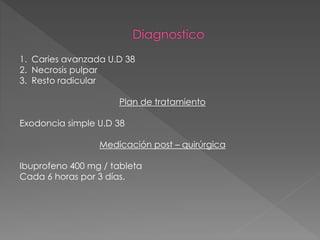 1. Caries avanzada U.D 38
2. Necrosis pulpar
3. Resto radicular
Plan de tratamiento
Exodoncia simple U.D 38
Medicación post – quirúrgica
Ibuprofeno 400 mg / tableta
Cada 6 horas por 3 días.
 