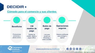 Cómodo para el comercio y sus clientes
Beneficios
Promociones
exclusivas y
planes ahora.
Botón de
pago
Link para
vender por
WhatsApp y
redes sociales.
+30
medios de
pago
Tarjetas de
crédito, débito y
pagos offline
Operaciones
seguras
Sistema antifraude
para proteger y
agilizar
+
 