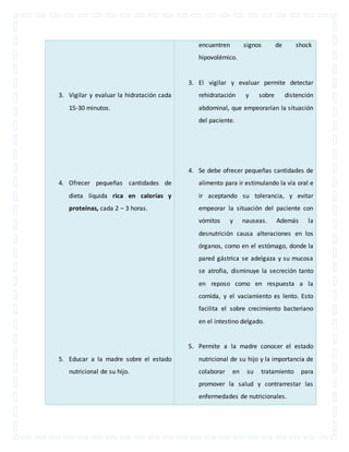 3. Vigilar y evaluar la hidratación cada 
15-30 minutos. 
4. Ofrecer pequeñas cantidades de 
dieta líquida rica en calorías y 
proteínas, cada 2 – 3 horas. 
5. Educar a la madre sobre el estado 
nutricional de su hijo. 
encuentren signos de shock 
hipovolémico. 
3. El vigilar y evaluar permite detectar 
rehidratación y sobre distención 
abdominal, que empeorarían la situación 
del paciente. 
4. Se debe ofrecer pequeñas cantidades de 
alimento para ir estimulando la vía oral e 
ir aceptando su tolerancia, y evitar 
empeorar la situación del paciente con 
vómitos y nauseas. Además la 
desnutrición causa alteraciones en los 
órganos, como en el estómago, donde la 
pared gástrica se adelgaza y su mucosa 
se atrofia, disminuye la secreción tanto 
en reposo como en respuesta a la 
comida, y el vaciamiento es lento. Esto 
facilita el sobre crecimiento bacteriano 
en el intestino delgado. 
5. Permite a la madre conocer el estado 
nutricional de su hijo y la importancia de 
colaborar en su tratamiento para 
promover la salud y contrarrestar las 
enfermedades de nutricionales. 
 
