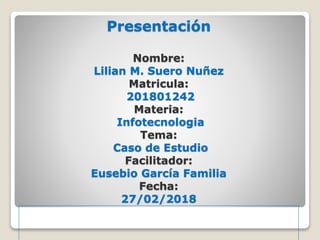 Presentación
Nombre:
Lilian M. Suero Nuñez
Matricula:
201801242
Materia:
Infotecnologia
Tema:
Caso de Estudio
Facilitador:
Eusebio García Familia
Fecha:
27/02/2018
 