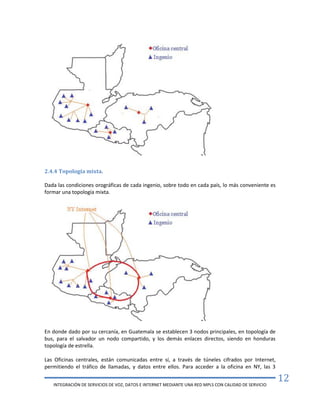 INTEGRACIÓN DE SERVICIOS DE VOZ, DATOS E INTERNET MEDIANTE UNA RED MPLS CON CALIDAD DE SERVICIO
12
2.4.4 Topología mixta.
Dada las condiciones orográficas de cada ingenio, sobre todo en cada país, lo más conveniente es
formar una topología mixta.
En donde dado por su cercanía, en Guatemala se establecen 3 nodos principales, en topología de
bus, para el salvador un nodo compartido, y los demás enlaces directos, siendo en honduras
topología de estrella.
Las Oficinas centrales, están comunicadas entre sí, a través de túneles cifrados por Internet,
permitiendo el tráfico de llamadas, y datos entre ellos. Para acceder a la oficina en NY, las 3
 