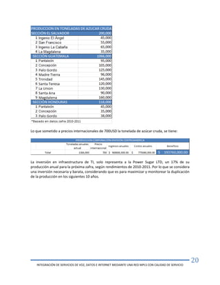INTEGRACIÓN DE SERVICIOS DE VOZ, DATOS E INTERNET MEDIANTE UNA RED MPLS CON CALIDAD DE SERVICIO
20
Lo que sometido a precios internacionales de 700USD la tonelada de azúcar cruda, se tiene:
La inversión en infraestructura de TI, solo representa a la Power Sugar LTD, un 17% de su
producción anual para la próxima zafra, según rendimientos de 2010-2011. Por lo que se considera
una inversión necesaria y barata, considerando que es para maximizar y monitorear la duplicación
de la producción en los siguientes 10 años.
 