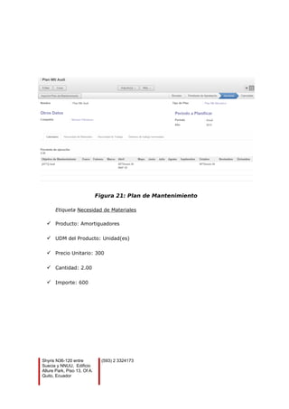 Figura 21: Plan de Mantenimiento
Etiqueta Necesidad de Materiales
 Producto: Amortiguadores
 UDM del Producto: Unidad(es)
 Precio Unitario: 300
 Cantidad: 2.00
 Importe: 600
Shyris N36-120 entre
Suecia y NNUU, Edificio
Allure Park, Piso 13, Of A.
Quito, Ecuador
(593) 2 3324173
 
