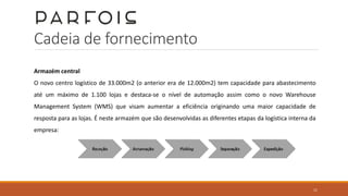 Cadeia de fornecimento
Armazém central
O novo centro logístico de 33.000m2 (o anterior era de 12.000m2) tem capacidade para abastecimento
até um máximo de 1.100 lojas e destaca-se o nível de automação assim como o novo Warehouse
Management System (WMS) que visam aumentar a eficiência originando uma maior capacidade de
resposta para as lojas. É neste armazém que são desenvolvidas as diferentes etapas da logística interna da
empresa:
11
 