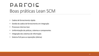 Boas práticas Lean SCM
• Cadeia de fornecimento rápida
• Gestão da cadeia de fornecimento em integração
• Processos internos lean
• Uniformização de práticas, sistemas e componentes
• Integração dos sistemas de informação
• Sistema Pull para as reposições (diárias)
17
 