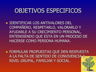 OBJETIVOS ESPECIFICOS IDENTIFICAR LOS ANTIVALORES DEL COMPAÑERO, RESPETARLO, VALORARLO Y AYUDARLE A SU CRECIMIENTO PERSONAL, ENTENDIENDO QUE ESTA EN UN PROCESO DE HACERSE COMO PERSONA HUMANA. FORMULAR PROPUESTAS QUE DEN RESPUESTA A LA FALTA DE SENTIDO DE CONVIVENCIA A NIVEL GRUPAL, FAMILIAR Y SOCIAL. 