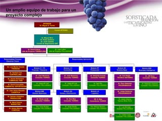 Un amplio equipo de trabajo para un
  proyecto complejo
                                                    SPONSOR
                                               Sr. Miguel A. Torres

                                                                  Comité INTEGRA



                                                Sr. Miquel Miró
                                              Sr. Pedro Arellano
                                               Sr. Jordi Castells
                                           Comité de Seguimiento SAP


                                  Sr. David Gràcia                  Sr. Juan Luther
                          Jefe de Proyecto TORRES (DSI)     Jefe de Proyecto ITELLIGENCE




Responsables Proceso                                                                        Responsables Aplicación
  (Usuarios Clave)


   Sr. Luis Martín Vicente
         FINANZAS                       Módulo FI / TR                        Módulo CO                           Módulo PP              Módulo BC                  Módulo BIW
                                     Finanzas / Tesorería                     Controlling                         Producción            Sistema Base            Business Intelligence
      Sr. Heribert Coll
      CONTROLLING
                                         Sr. Joan Mussons                     Sr. Joan Mussons                   Sr. Eduardo Cuevas        Sr. Toni Rojas              Sr. JM Roca
                                         Consultor TORRES                     Consultor TORRES                   Consultor TORRES        TECNICO SISTEMAS           Consultor TORRES
    Sr. Jaume Domenech
     COMERCIAL PAÍS
                                           Sr. Josep Mª Coll                   Sr. Josep Mª Coll                     Sr. Dani Riu         Sr. Paco Saborido        Sr. Alejandro Guerrero
    Sr. David Cornudella                Consultor ITELLIGENCE               Consultor ITELLIGENCE               Consultor ITELLIGENCE     PROGRAMADOR             Consultor ITELLIGENCE
 COMERCIAL EXPORTACIÓN

   Sr. Joan Anton Risueño                Módulo MM                            Módulo SD                           Módulo LE              Sr. Josep Gutierrez
         LOGÍSTICA                    Gestión Materiales                 Ventas y Distribución                    Logística               PROGRAMADOR

    Sr. Damian Villalobos
        PRODUCCIÓN                        Sr. Oscar Jordà                        Sr. Xavi Mas                        SR. X. Mas           Sr. Javier Iribarne
                                         Consultor TORRES                     Consultor TORRES                   Consultores TORRES      Técnico REALTECH
      Sr. Mark Palacio
       MARKETING
                                           Sra. Inma Alcolea                   Sr. Javier Morillo                Sra. Mónica Navarro      Sr. Luis Bermejo
     Sr. Antoni Morros                  Consultor ITELLIGENCE               Consultor ITELLIGENCE               Consultor ITELLIGENCE   Analista ITELLIGENCE
         COMPRAS

                                                                                                                                           Sr. Carles Costa
                                                                                                                                        Consultor ITELLIGENCE
 