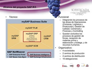Alcance del proyecto SAP R/3



  •    Técnico:                                                   •   Funcional:
                                                                       – Integrando los procesos de
                       mySAP Business Suite                              las áreas de Operaciones
                                                                         (Compras, Logística y
                                                                         Producción), Gestión de
                               mySAP PLM                                 Calidad, Comercial y
                                                                         Finanzas y Controlling
                               mySAP ERP                               – Quedan excluidos los
         mySAP                     Analytics
                                   Financials        mySAP               procesos de gestión de
         SRM                   Human Resources
                                                     CRM                 fincas, recepción de
                               Corporate Services
                                  Operations                             materias prima y
                                                                         elaboración y bodega, y de
                                                                         recursos humanos.
                               mySAP SCM
                                                                  •   Organizativo:
                                                                       –   4 sociedades
      SAP NetWeaver
                                                                       –   2 centros de producción
       SAP Enterprise Portal        SAP Business Intelligence
       SAP Master Data Mgmt         SAP Exchange Infrastructure
                                                                       –   4 centros de distribución
                                                                       –   10 delegaciones
 