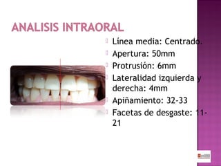 







Línea media: Centrado.
Apertura: 50mm
Protrusión: 6mm
Lateralidad izquierda y
derecha: 4mm
Apiñamiento: 32-33
Facetas de desgaste: 1121

 