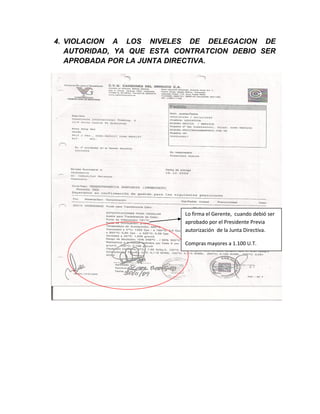 4. VIOLACION A LOS NIVELES DE DELEGACION DE
   AUTORIDAD, YA QUE ESTA CONTRATCION DEBIO SER
   APROBADA POR LA JUNTA DIRECTIVA.




                           Lo firma el Gerente, cuando debió ser
                           aprobado por el Presidente Previa
                           autorización de la Junta Directiva.

                           Compras mayores a 1.100 U.T.
 