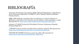 BIBLIOGRAFÍA
• American Psychiatric Association (APA). Manual Diagnóstico y Estadístico
de los Trastornos Mentales V (DSM-V); 2014, España; Editorial Medica
Panamericana.
• OMS, 2002; Informe mundial sobre la violencia y la salud; Capítulo 3:
Maltrato y descuido en los menores por los padres y otras personas a cargo.
Recuperado de: http://www.who.int/mediacentre/factsheets/fs150/es
• Jimenez, F; 2009; Evaluación Psicológica Forense; Salamanca-España;
Graficas Rigel S.A.
• UNICEF; Cuarto estudio mundial sobre maltrato infantil; Recuperado de:
http://unicef.cl/web/prevencion-de-la-violencia/estadisticas/
• UNICEF ECUADOR; Violencia contra los niños; Recuperado de:
https://www.unicef.org/ecuador/media_28087.htm
 