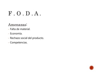 Amenazas:
- Falta de material.
- Economía.
- Rechazo social del producto.
- Competencias.
 