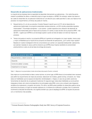 RT&I Consultores de Negocios



Desarrollo de aplicaciones tradicionales
La mayoría de las empresas tiene la capacidad de desarrollar internamente sus aplicaciones. , Con cierta frecuencia
evalúan la posibilidad de utilizar un desarrollo propio en lugar de adoptar un BPMS. Sin embargo, existen dos áreas en
las cuales los desarrollos de una aplicación tradicional son una elección poco viable para llevar a cabo una mejora en los
procesos: los requerimientos y el tiempo de puesta en marcha. .

•      Requerimientos. En uno de sus estudios, Forrester Research reportó que en el 57% de los desarrollos de
       aplicaciones tradicionales, los proyectos presentaban escasos alcances, y el 30% de ellos presentaba requisitos
       inalcanzables 12. Porcentajes semejantes – o aún peores – pueden esperarse de la utilización del desarrollo de
       aplicaciones tradicionales para la mejora de los procesos. En cambio, la tasa de éxito de los proyectos BPM – más
       del 90% - sugiere que el BPM es una tecnología superior cuando se trata de realizar con éxito las mejoras de
       procesos.

•      Tiempo de puesta en marcha. Los proyectos BPM por lo general son entregados con mayor rapidez, menos costo
       y mayor conﬁabilidad que la mayoría de los proyectos de desarrollo de aplicaciones. ¿Con cuánta mayor rapidez?
       Basádos en nuestra investigación entre los consumidores que cuentan con capacidad dedesarrollar aplicaciones,
       (por ejemplo: basadas en Java), pudimos observar que el BPM arroja rmejores resultados en productividad
       prácticamente en cada una de las fases de entrega del proyecto.




    Fases de un proyecto típico BPM                       % del proyecto                       Mejora en la productividad

    Requerimientos y diseño funcional                            25%                                        50%

    Desarrollo                                                   50%                                      20-25%

    Control de calidad / pruebas                                 25%                                        30%

    Implantación en el negocio                                   N.D.                                       N.D.


Tabla 1 – Mejoras en la productividad a través de las fases del proyecto (Fuente: Lombardi)

Esta mejora en la productividad se debe a varias razones: en primer lugar, el BPM ofrece la funcionalidad clave necesaria
para deﬁnir los requerimientos de mejora de procesos: elaboración de modelos, gestión de ﬂujo, simulación, etc. Todas
estas son habilidades que los equipos de desarrollo, tendránadaptar o integrar, en caso de que estén usando las
herramientas de desarrollo de una aplicación tradicional. En segundo lugar, todas estas habilidades ya se encuentran
integradas al interior del entorno de desarrollo en los principales suites BPM, como la de Lombardi; esta integración
simpliﬁca el la implantación y la gestión del cambio. Por último, las BPM suites posibilitan los desarrollos gráﬁcos de las
soluciones de procesos, en lugar de necesitar realizarse en un ambiente de codiﬁcación compleja. Esto no solamente
incrementa la velocidad del desarrollo, sino signiﬁca también que, para el despliegue de BPM, se requiere de personal
con un nivel técnico más accesible..




12   Forrester Research, Business Technographics Study June 2003, Survey of Corporate Executives.



     RT&I Consultores de Negocios     Bosque de Duraznos 69-901 México DF, 11700   T 11639795 F 55967892 www.valoreninfo.com   10
 