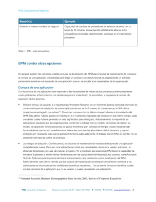 RT&I Consultores de Negocios



    Beneﬁcio                                      Ejemplo
    Sustento a nuevos modelos de negocio          Capacidad de cambiar de proveedores de servicios de envío en un
                                                  lapso de 10 minutos, lo cual permite al fabricante alternar entre
                                                  proveedores principales cada trimestre, con base en el mejor precio
                                                  propuesto.




Tabla 1 – BPM - Lista de beneﬁcios




BPM contra otras opciones


En general, existen tres opciones posibles en lugar de la adopción del BPM para impulsar el mejoramiento de procesos:
la compra de una aplicación prediseñada para dirigir un proceso o un área funcional; la adaptaciónde un software
previamente existente o el desarrollo de una aplicación que se se amolde a las necesidades de la organización.

Compra de una aplicación
Con la compra de una aplicación para responder a las necesidades de mejora de los procesos pueden presentarse
cuatro problemas: el factor tiempo, los obstáculos para la implantación de la iniciativa, la respuesta al cambio y la
expansión de los alcances.

•      El factor tiempo. De acuerdo a lo reportado por Forrester Research, en un momento dado la velocidad promedio de
       una industria para la instalación de nuevas aplicaciones era de 14.5 meses; en consecuencia, el 36% de los
       proyectos era entregado con retraso10. Si esto se compara con los datos correspondientes a la instalación del
       BPM, esta última hubiera puesto en marcha en 3 o 4 versiones mejoradas del proceso en ese mismo tiempo, cada
       una de las cuales hubiera generado un valor signiﬁcativo para el negocio. Adicionalmente, la mayoría de las
       aplicaciones requieren que las organizaciones comiencen a trabajar con su modelo de manejo de datos y su
       modelo de operación: en consecuencia, se puede invertiruna gran cantidad de tiempo y costo implantanddo
       funcionalidades que no son inmediatamente relevantes para resolver el problema de los procesos, y que sin
       embargo son necesarias para que la aplicación funcione adecuadamente. Al trabajar con el BPM, en cambio, no se
       presentan este tipo de costos de arranque.

•      Los riesgos de adopción. Con frecuencia, los usuarios se resisten ante la necesidad de aprender una aplicación
       completamente nueva. Peor aún, si la aplicación no cubre sus necesidades, éstos no la usarán, entonces, la
       eﬁciencia del proceso, en lugar de mejorar, empeora. Por el contrario, las soluciones BPM tienen la capacidad de
       introducir el proceso al interior de las herramientas con las que ya están familiarizados los usuarios, como Microsoft
       Outlook. Todo esto prácticamente elimina el entrenamiento y los obstáculos contra la adopción del BPM.
       Adicionalmente, este último permite que los equipos de implantación se enfoquen únicamente a entrenar a los
       participantes en el proceso en las habilidades especíﬁcas requeridas. . No se pierde tiempo en identiﬁcar cuales
       son las funciones de la aplicación que no se usarán, o cuales necesitarán una adaptación.


10   Forrester Research, Business Technographics Study on July 2003, Survey of Corporate Executives



      RT&I Consultores de Negocios   Bosque de Duraznos 69-901 México DF, 11700   T 11639795 F 55967892 www.valoreninfo.com   8
 