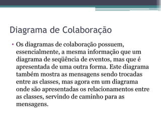 Diagrama de Colaboração Os diagramas de colaboração possuem, essencialmente, a mesma informação que um diagrama de seqüência de eventos, mas que é apresentada de uma outra forma. Este diagrama também mostra as mensagens sendo trocadas entre as classes, mas agora em um diagrama onde são apresentadas os relacionamentos entre as classes, servindo de caminho para as mensagens.  