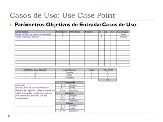 Casos de Uso: Use Case Point
   Parâmetros Objetivos de Entrada: Casos de Uso
 