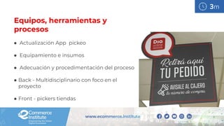 3m
Equipos, herramientas y
procesos
● Actualización App pickeo
● Equipamiento e insumos
● Adecuación y procedimentación del proceso
● Back - Multidisciplinario con foco en el
proyecto
● Front - pickers tiendas
 