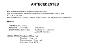 ANTECEDENTES 
APP: Hipertensión arterial diagnosticada hace 30 años 
AQx: Oclusión tubárica bilateral hace 24 años, Fistulotomía rectal hace 17 años. 
AGO: G4, P4, A0, HV4 
APF: Padre fallecido a causa d Diabetes, Madre Fallecida por IAM, Padre con Hipertensión. 
HÁBITOS: 
- ALIMENTICIO: 3 veces al 
- MICCIONAL: 6 veces al día - TABACO: no 
- DEFECATORIO: 2 veces al día - ALCOHOL: bebedora social 
- ALERGIAS: No refiere 
MEDICAMENTOS: Amlodipino 500mg 1v/d 
Losartan 10mg 1v/d 
Espironolactona 100mg 1v/d 
Omeprazol 20mg 1v/ d 
 