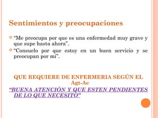 Sentimientos y preocupaciones
 “Me preocupa por que es una enfermedad muy grave y
  que supe hasta ahora”.
 “Consuelo por que estoy en un buen servicio y se
  preocupan por mi”.


  QUE REQUIERE DE ENFERMERIA SEGÚN EL
                  Agt-Ac
“BUENA ATENCIÓN Y QUE ESTEN PENDIENTES
  DE LO QUE NECESITO”
 