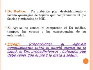    Dx Medico:      Pie diabético, pop desbridamiento +
    lavado quirúrgico de tejidos que comprometen el pie
    fascias y músculos de MID.

   El Agt-Ac no conoce ni comprende el Dx médico,
    tampoco las causas o las consecuencias de su
    enfermedad.

   DTAC:       Proporcionar        al    Agt-Ac
    conocimientos sobre el desvió actual de la
    salud, el Dx, procedimientos , cuidados que
    debe tener con el pie y la dieta a seguir.
 