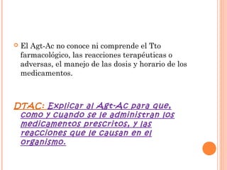    El Agt-Ac no conoce ni comprende el Tto
    farmacológico, las reacciones terapéuticas o
    adversas, el manejo de las dosis y horario de los
    medicamentos.



DTAC: Explicar al Agt-Ac para que,
 como y cuando se le administran los
 medicamentos prescritos, y las
 reacciones que le causan en el
 organismo.
 