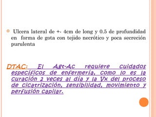     Ulcera lateral de +- 4cm de long y 0.5 de profundidad
    en forma de gota con tejido necrótico y poca secreción
    purulenta



DTAC:     El   Agt-Ac    requiere    cuidados
 específicos de enfermería, como lo es la
 curación 2 veces al día y la Vx del proceso
 de cicatrización, sensibilidad, movimiento y
 perfusión capilar.
 