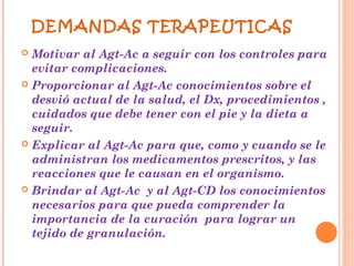 DEMANDAS TERAPEUTICAS
 Motivar al Agt-Ac a seguir con los controles para
  evitar complicaciones.
 Proporcionar al Agt-Ac conocimientos sobre el
  desvió actual de la salud, el Dx, procedimientos ,
  cuidados que debe tener con el pie y la dieta a
  seguir.
 Explicar al Agt-Ac para que, como y cuando se le
  administran los medicamentos prescritos, y las
  reacciones que le causan en el organismo.
 Brindar al Agt-Ac y al Agt-CD los conocimientos
  necesarios para que pueda comprender la
  importancia de la curación para lograr un
  tejido de granulación.
 