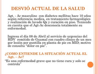DESVIÓ ACTUAL DE LA SALUD
 Agt. - Ac masculino con diabetes mellitus hace 10 años
 según referencia medica, en tratamiento farmacológico
 y realización de lavado Qx y curación en piso. Teniendo
 en cuenta que el Agt-Ac desconocía totalmente su
 enfermedad.

 Ingresa el día 08 de Abril al servicio de urgencias del
 HDV remitido de Guamal con cuadro clínico de un mes
 por lesión por puntilla en planta de pie en MID; motivo
 de consulta “dolor en pie”.

¿COMO ENTIENDE LA SITUACIÓN ACTUAL EL
  Agt. – Ac?
“Es una enfermedad grave que no tiene cura y solo se
  controla”
 