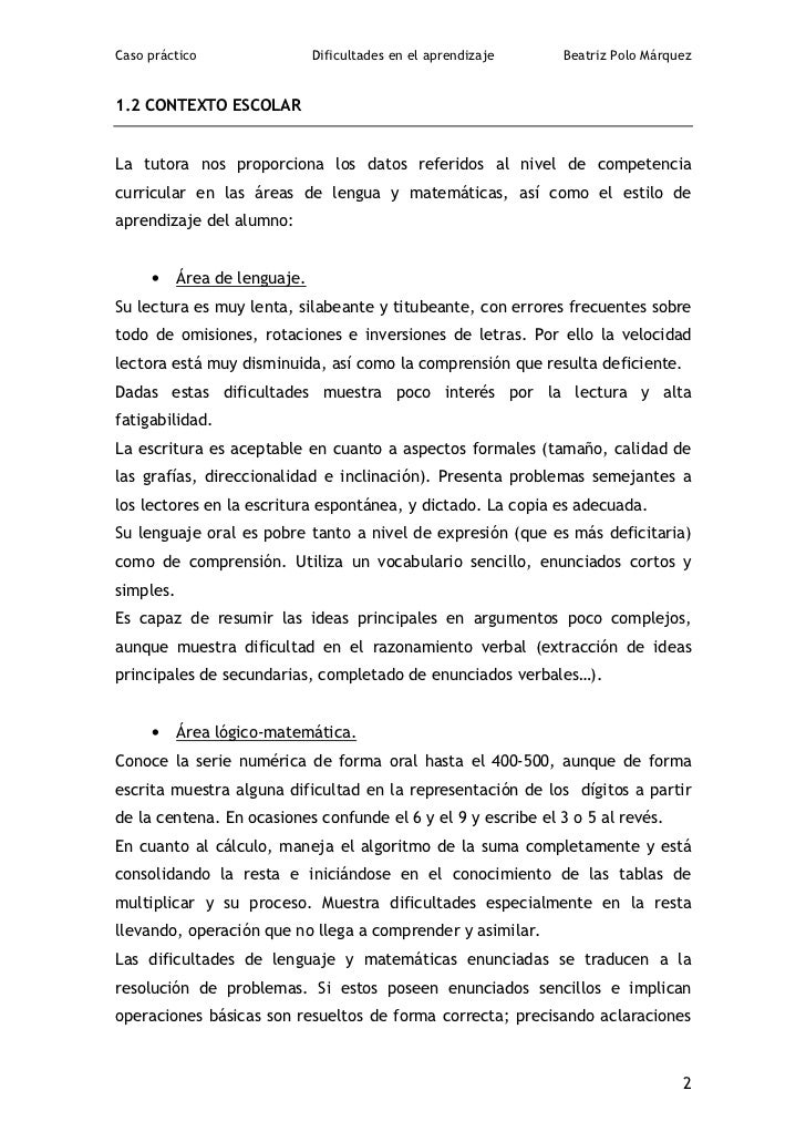 Caso dificultad aprendizaje