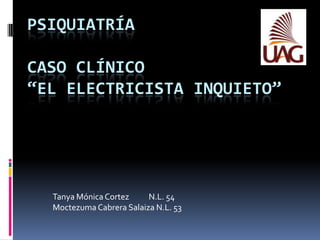 PSIQUIATRÍA

CASO CLÍNICO
“EL ELECTRICISTA INQUIETO”

Tanya Mónica Cortez
N.L. 54
Moctezuma Cabrera Salaiza N.L. 53

 