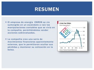  El empresa de energía ENRON se vio
sumergida en un escándalo a raíz las
manipulaciones contables que se vivía en
la comp...